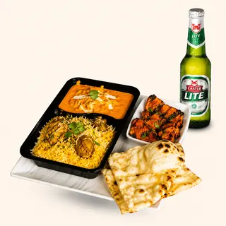 Chicken Tikka Masala and Biriani rice and Naan+ Castle Lite