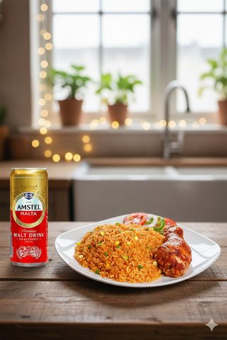 Jollof rice and chicken combo with a drink