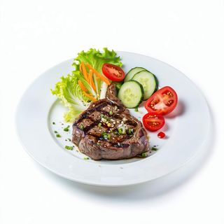 Plato con carne, patatas y ensalada