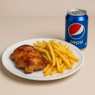 Combo Pulpă de pui dezosata+cartofi prăjiți+sos de usturoi+Pepsi250
