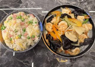 Arroz e Chop Suey de Gambas