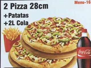 2 Pizza (28 Cm.) Con Patatas Y Coca-Cola Sabor Original botella 2L.