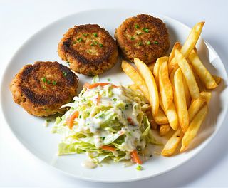 Parjolute de ciuperci cu cartofi prajiti si salata de varza