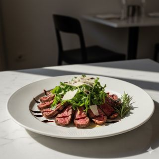 Tagliata di manzo con aceto balsamico, rucola e grana