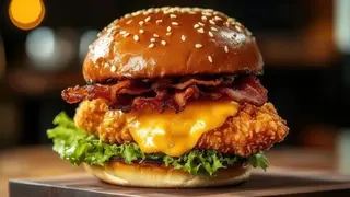 Burger Crispy & Bacon servit cu cartofi prajiti si sos de maioneza