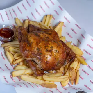 Pollo asado completo con patatas fritas