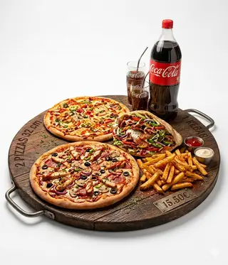 2 Pizzas (32 Cm.) + 1 Kebab