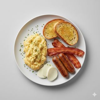 Uova strapazzate, pane tostato, bacon, mozzarella e salsiccia