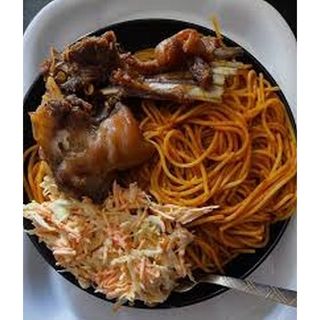 Jollof Spaghetti + Goat Meat + Coleslaw + Drink