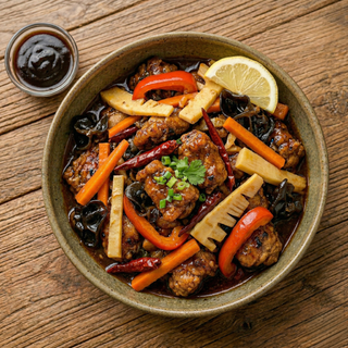 Porc cu ciuperci chinezești și bambus