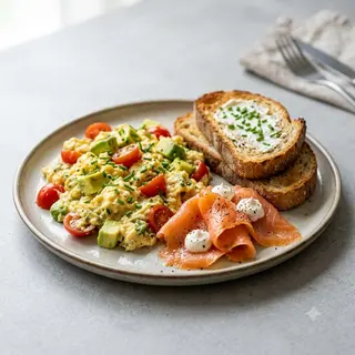 Plato De Huevos Con Aguacate, Tomate, Crema De Queso, Salmón Y  Pan