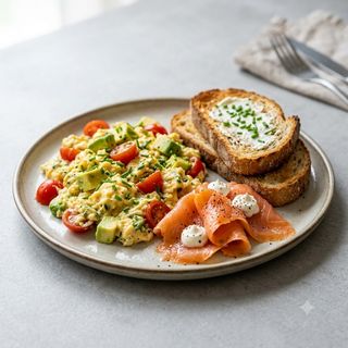 Plato De Huevos Con Aguacate, Tomate, Crema De Queso, Salmón Y  Pan