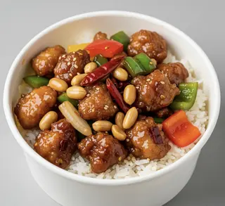Bol de pollo kongbao picante con arroz blanco