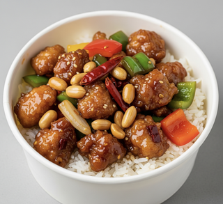 Bol de pollo kongbao picante con arroz blanco