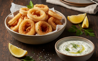 Calamari inele pane cu sos tzatziki