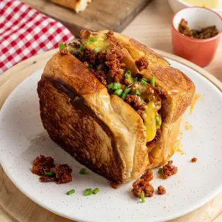 Brioche de potro con ajete, huevo de codorniz y chips de patatas
