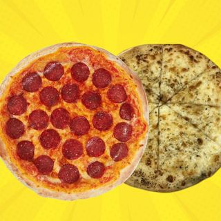 Pizza pepperoni + pan de ajo con queso