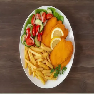 Kotlet z kurczaka na talerzu: L-z frytkami.