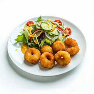 Plato calamares, croquetas y ensalada