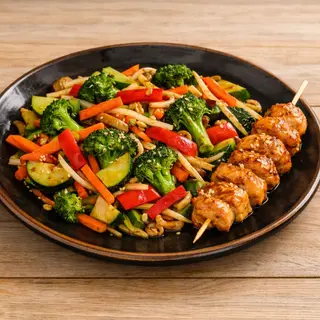 Verduras al Wok con Brochetas de Pollo y Salsa Satay