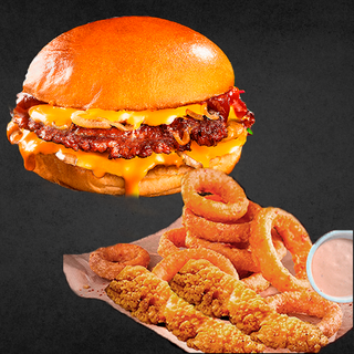 Smash Burguer + Onion rings e Muzzarela sticks