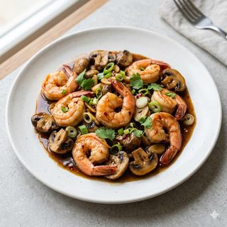 Gambas Con Champiñones Y Salsa De Ostras
