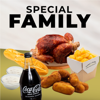 OFERTA SPECIAL FAMILY (POLLO ASADO, 2 ALIOLI, 8 CROQUETAS, PAN, PATATAS + 1L DE COCA-COLA DE CRISTAL)