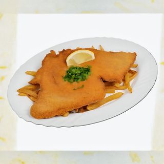 Виенски шницел върху пържени картофи (400г)