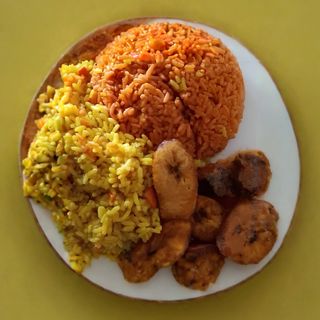 Jollof and Fried rice with Protein