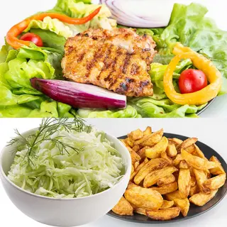Meniu Pulpe de pui + cartofi prăjiți + salată de varză 250g/150g/150g