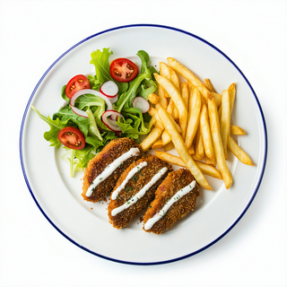 Carne de ternera Rebozada ensalada y Patatas Fritas