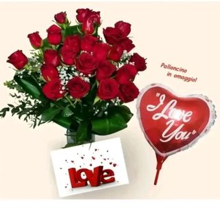 24 rose rosse con nebbiolina.  biglietto e palloncino omaggio 