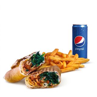 Rollo Kebab Szpinak (średnie), frytki, Pepsi 0.33l