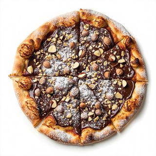 Pizza Nutella, zucchero a velo, granella di nocciole