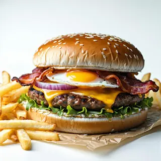 Hamburger con uovo, pancetta, cipolla e formaggio