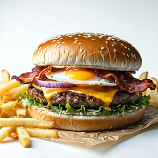 Hamburger con uovo, pancetta, cipolla e formaggio