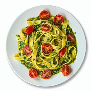 Tagliatelle con pesto alla genovese e pomodoro ciliegino