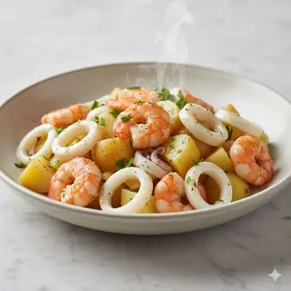 Insalata tiepida di seppie e gamberi con patate