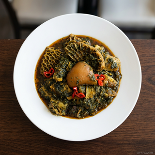 Egusi With Vegetable Soup, Fufu/Eba And Beef
