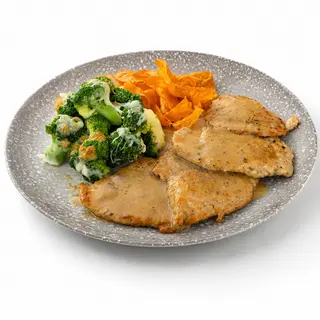 Scaloppine de porc în sos de vin cu garnitura- 400 g