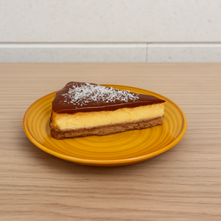 Fetta di cheesecake cotta glassata alla nutella e scaglie di cocco