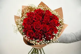 15 წითელი ვარდი გიფსოფილით