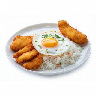 Arroz Blanco con Pollo Crujiente y Huevo