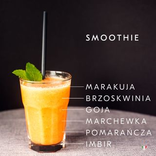 Smoothie marakuja, brzoskwinia, goja, marchewka, pomarańcza, imbir