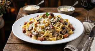 Tagliatelle z grzybami i boczkiem