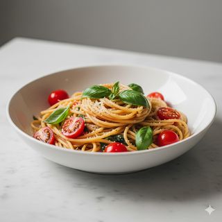 Spaghetti alla chitarra con pomodorino fresco e basilico