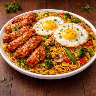 Sizzle Veggies Noodles With Fried Egg + Chicken Wings