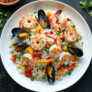 Riso ai frutti di mare alla piastra con verdure