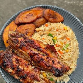 Coconut Rice, Fried Plantain & Peppered Turkey
