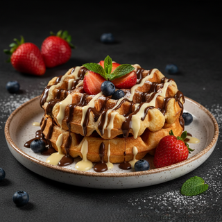 Gofre cu ciocolată albă și neagră, căpșune și afine